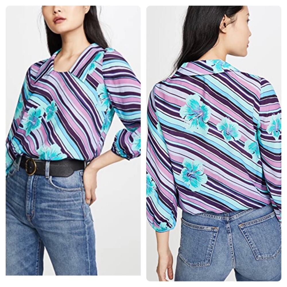 RIXO LONDON Jessie Hawaii Stripe Blouse In Hawaii Stripe Lilac Mint